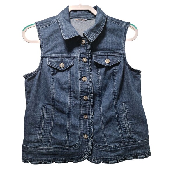 OSO Casuals Jackets & Blazers - OSO Casuals Womens Sleeveless Denim Jacket Vest M Blue Ruffles Collared Pockets